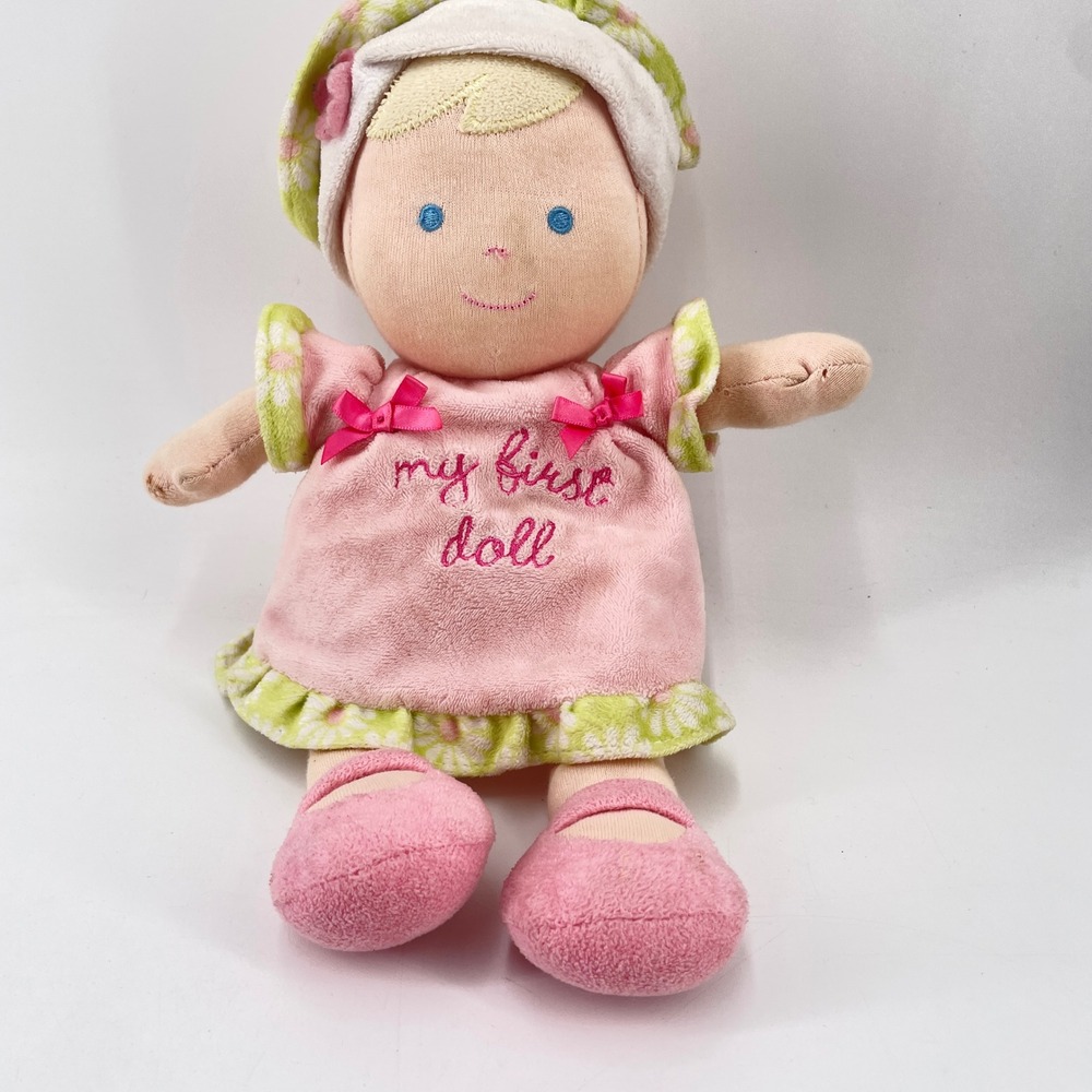 Carters My First Doll Pink Plush Soft Baby Rattle Toy Blonde Beret Bows Shoes